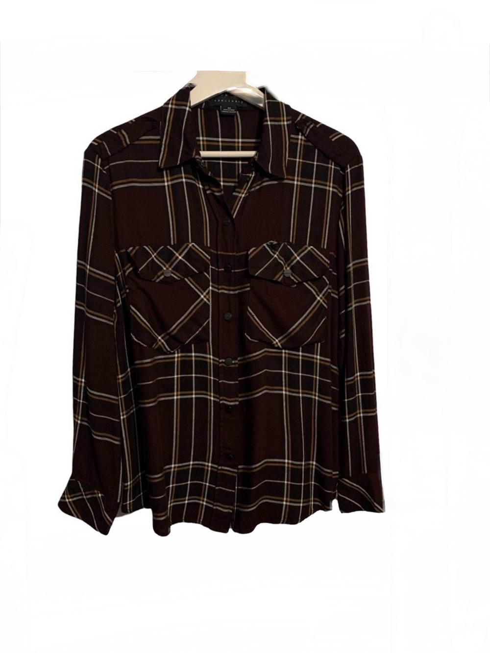 Sanctuary XS plaid rayon soft snap up long sleeve top blouse collar casual